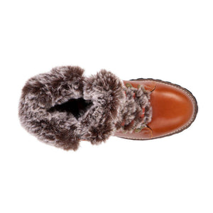 Cloud Nine Sheepskin brown leather lace up boot with faux fur trim viewed from above