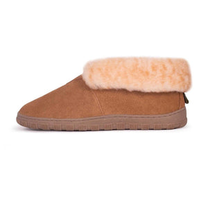 Tan suede slipper with a plush cream faux fur cuff and a textured rubber sole