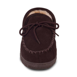 Cloud Nine Sheepskin brown suede moccasin slipper with lace tie and sheepskin lining