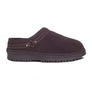 Cloud Nine Sheepskin brown suede mule slipper with a thick rubber sole and decorative metal buckle detail