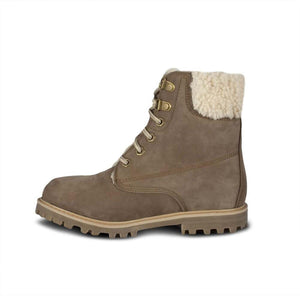 Cloud Nine Sheepskin taupe suede lace up boot with cream wool cuff and lug sole