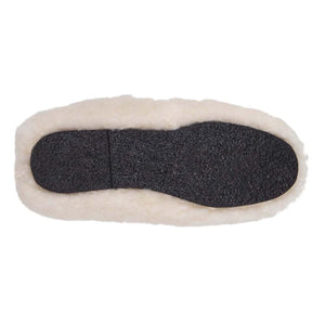 Cloud Nine Sheepskin slipper sole view showing black textured rubber base and cream wool trim