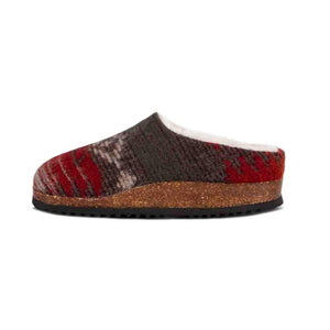 Cloud Nine Sheepskin mule slipper with red and brown patterned wool upper and cork sole