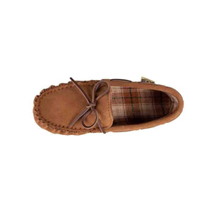 Cloud Nine Sheepskin brown suede moccasin slipper with plaid lining and leather lace tie
