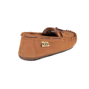 Cloud Nine Sheepskin tan suede moccasin slipper with side lacing and ROS Fuzzies brand tag