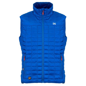 Blue quilted sleeveless vest with high collar and front zipper closure