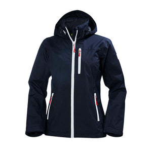 Helly Hansen navy blue hooded softshell jacket with white zippers and red pull tabs