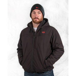 Man wearing a black Comfort Wear hooded jacket and beanie