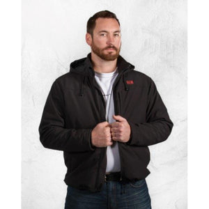 Man wearing a black Comfort Wear hooded jacket over a white t-shirt