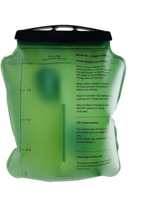 CompCooler green liquid cooling bladder with fill line and printed operating instructions