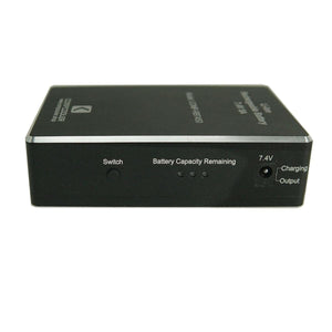 CompCooler 7.4V rechargeable battery pack with power switch, capacity indicator lights, and charging output port