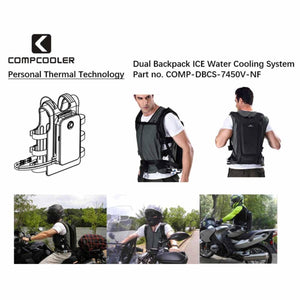 CompCooler dual backpack ice water cooling system worn by motorcyclists