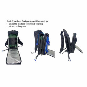 CompCooler dual chamber backpack showing storage for extra cooling bladder and cooling vest