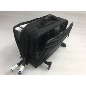 Black insulated equipment bag with silver lining and two white hose connectors extending from the side