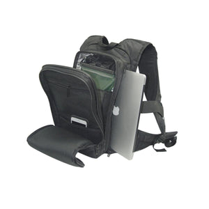 Black backpack with open compartments containing a laptop and hydration bladder