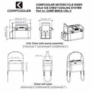 Compcooler motorcycle rider solo ice chest cooling system technical dimensions diagram