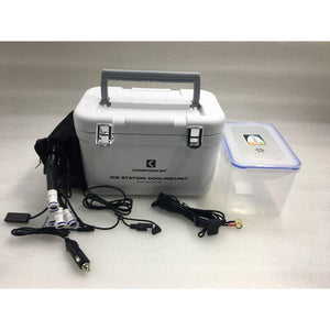 CompCooler white ice station cooling unit with power cables and clear plastic container