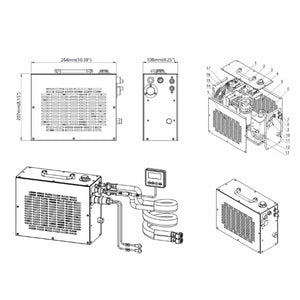 CompCooler technical diagram showing dimensions and component parts of a portable cooling unit