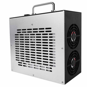 Portable ozone generator with silver metal casing and dual cooling fans