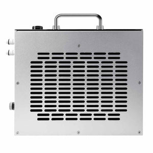 Silver metal water chiller unit with top handle and side ventilation grille