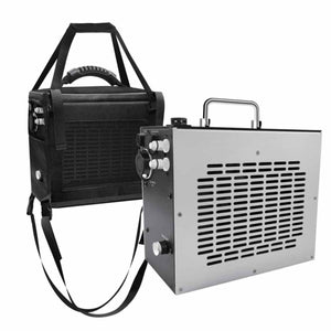 CompCooler portable liquid cooling unit with black carrying bag and silver metal cooling box