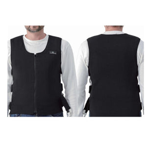 Front and back view of a black CompCooler liquid cooling vest worn over a white long sleeve shirt