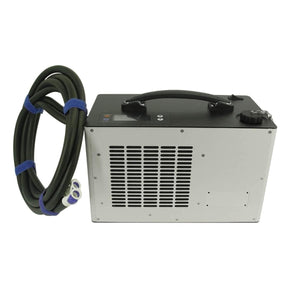 Portable water chiller unit with black handle and attached black hose