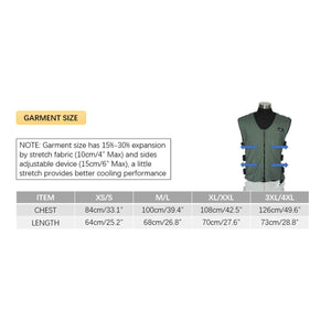 CompCooler garment size chart showing chest and length measurements for sizes XS to 4XL