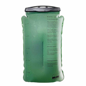 CompCooler green hydration bladder with printed operating instructions and volume markings