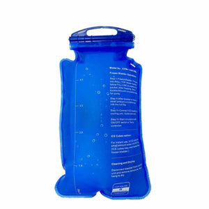 CompCooler blue water bladder with printed operating instructions and volume markings
