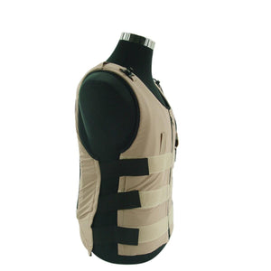 Tan tactical vest with black side adjustment straps on a mannequin
