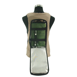 Tan CoreCooler cooling vest with open back compartment showing green cooling pack and tubing