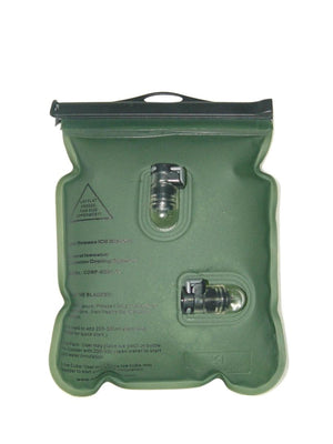 Green rectangular hydration bladder with two black hose connectors and printed usage instructions