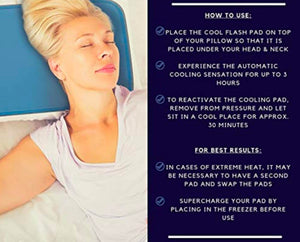Cool Care Technologies Cool Flash Pad usage instructions and person resting on a cooling pillow pad