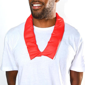 Man wearing a red cooling neck wrap over a white t-shirt