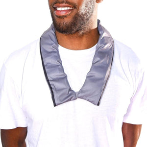 Man wearing a grey cooling neck wrap over a white t-shirt