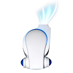Cool On The Go white portable personal fan with blue light accents and airflow graphic