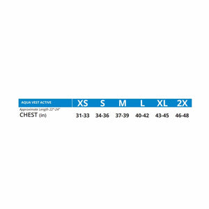 Cool Shirt Aqua Vest Active size chart showing chest measurements in inches for sizes XS through 2X