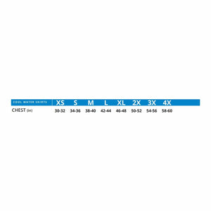 Cool Shirt size chart showing chest measurements in inches for sizes extra small through four extra large