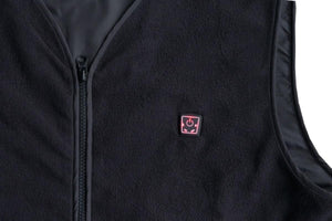 Glovii black fleece vest with a glowing pink power button on the chest