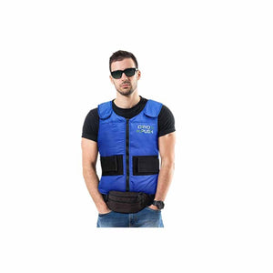 Man wearing a blue Cryopush cooling vest with black straps and a black waist bag