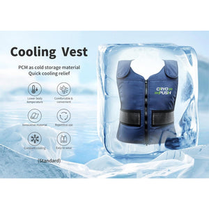 Cryopush cooling vest with PCM material features listed on icy background