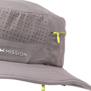 Grey Mission bucket hat with perforated side panels and a lime green zippered pocket