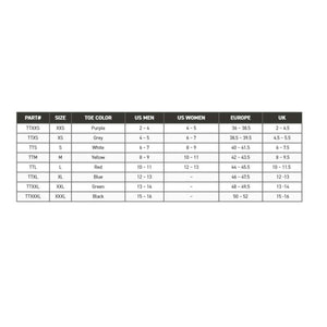 Impacto size chart showing part numbers, sizes, toe colors, and international shoe size conversions