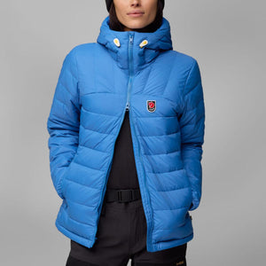 FjallRaven blue quilted hooded jacket with front zipper and logo patch