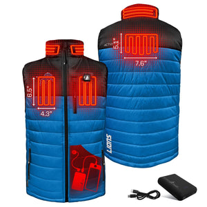 ActionHeat heated vest showing heating element placement and dimensions with included power bank