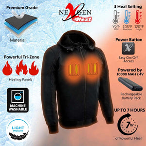 NexGen heated jacket features three heat settings, tri-zone heating panels, rechargeable battery, and machine washable