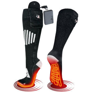 ActionHeat black battery heated socks with visible heating elements and power bank