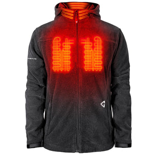 Gerbing heated jacket with glowing red heating elements visible on chest and neck