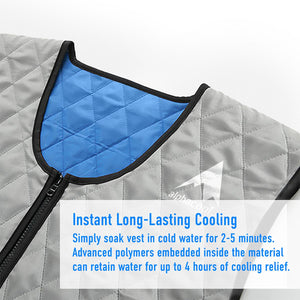AlphaCool cooling vest with quilted grey fabric and blue interior lining